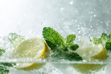 Refreshing citrus and mint in icy water