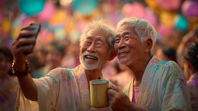高齢男性が湯飲みを手にしながら祝祭の時間を分かち合う姿