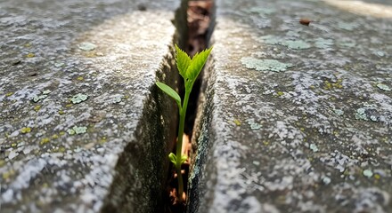 A small green plant sprouting between two weathered, moss-covered stones in a natural outdoor setting, symbolizing growth and resilience amidst adversity