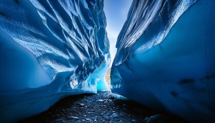 Deep Glacial Crevasse Illuminated From Within By Surreal Blue Light