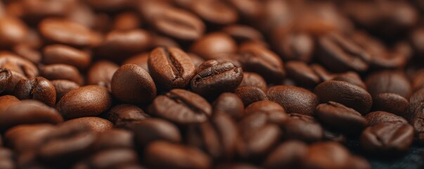 Obraz premium Close up of roasted brown coffee beans shallow depth of field warm lighting