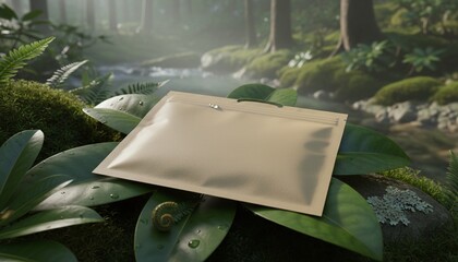 Blank Beige Packaging Pouch on Green Leaves with Water Droplets in Misty Forest Stream