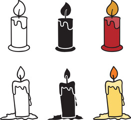 Burning candle light stands set outline, silhouette, flat design. Black candle icon vector illustration isolated on white background.