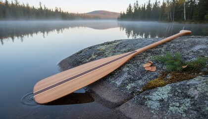 Wooden canoe paddle resting on mossy rock by a misty lake with reflections at calm sunrise morning.