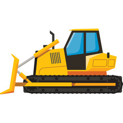 Yellow bulldozer construction vehicle with black tracks and blue tinted windows on a transparent background representing heavy machinery and earthmoving equipment for industrial and building projects