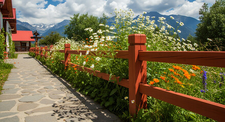 Fototapeta premium Image is a vibrant landscape photograph featuring a rustic stone pathway bordered by a wooden fence painted in a rich, earthy red. The fence is adorned with lush greenery and a variety of wildflowers,