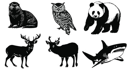 Naklejka premium Silhouette Collection of Diverse Animals on White Background