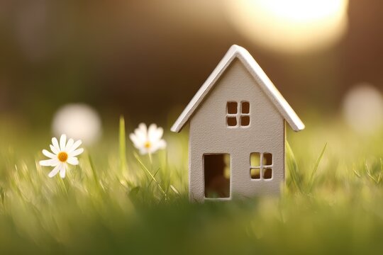 Miniature house with daisies in green grass soft light model home dwelling
