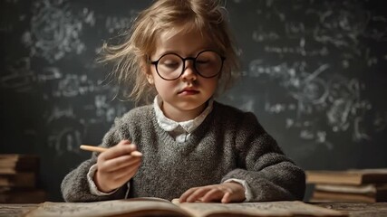 Kid girl child student writing on paper, preparing for exam. Smart young genius learning in school class. Studying concept with brain development idea. - Powered by Adobe