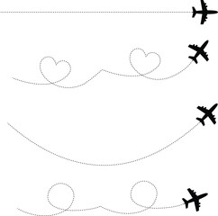 Airplane route with dotted flight path, leaving behind dotted trails that are forming heart shapes and loops.