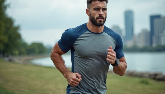 Muscular man runs by water with city skyline background. Male athlete trains outdoors for race. He wears sport shirt and smartwatch. Focus on strength and endurance. - Powered by Adobe