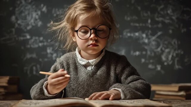 Kid girl child student writing on paper, preparing for exam. Smart young genius learning in school class. Studying concept with brain development idea.