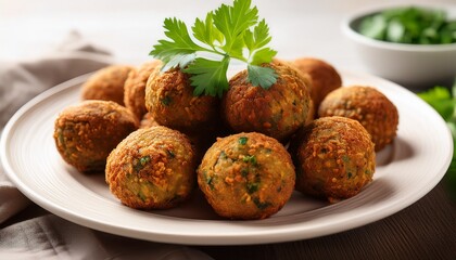 Delicious Falafel Balls On A White Plate With Fresh Parsley Garnish
