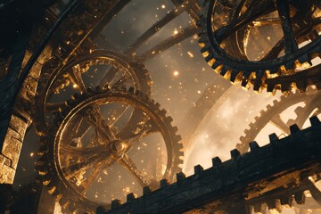 An inside view of a massive clock tower showing gears, cogs, and mechanical components lit by moody warm light.