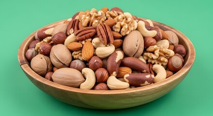 A wooden bowl filled with a variety of mixed nuts including almonds, cashews, walnuts, hazelnuts, and nuts on a green background
