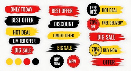 Photo of collection of colorful sale banners with different offers isolated on white background