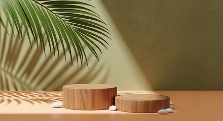 Photo of wooden product display podium with palm leaves and sunlight shadow on wall background