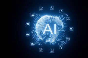 Global impact of artificial intelligence represented by digital world map and icons in blue tones