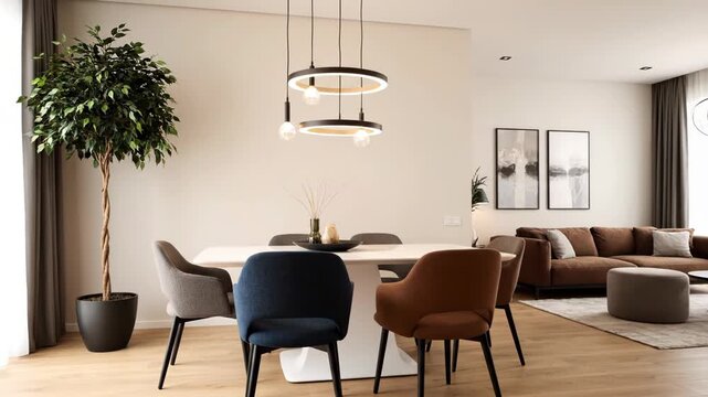 Modern dining room with elegant chairs and a large ficus tree, creating a stylish and inviting atmosphere