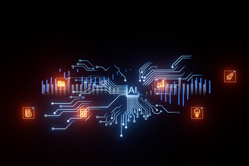 Digital connections power artificial intelligence with glowing circuit designs and icons representing various applications and functions