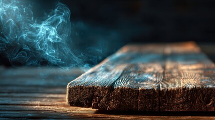 Empty weathered wooden table illuminated in dim light with visible smoke effect ideal for showcasing stock performance or financial analysis