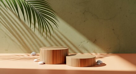 Photo of minimalist wooden podiums for product presentation with palm leaf shadow overlay