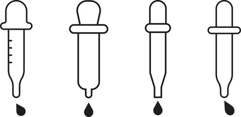 Set of pipettes for laboratory and cosmetic use design. Medical, chemical pipettes black outline vector illustration isolated on white background.