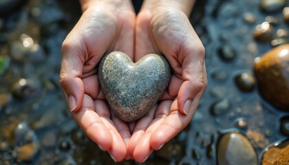 Cupped hands hold a stone heart shape with a background of shallow water and pebbles. Symbol of love, care and nature connection. Gentle gesture offering support or deep affection. Peaceful scene.