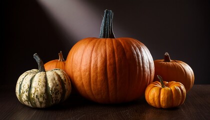 Group Of Pumpkins On A Dark Background With Shadows