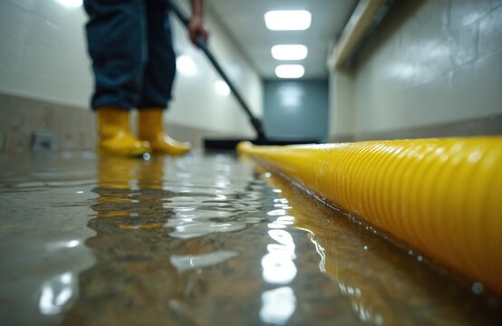 Worker in yellow rubber boots cleans flooded basement. Yellow hose extracts standing water from wet floor. Water damage cleanup and urgent property restoration happens after burst pipe event.