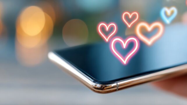 Close-up smartphone edge with floating neon heart icons and bokeh lights