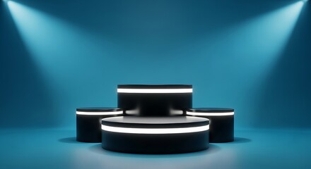 Photo of illuminated podium with a futuristic design and a vibrant blue background casting shadows