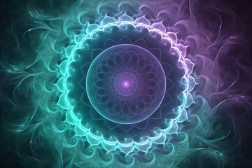 Obraz premium Abstract glowing fractal art with a central sphere and swirling patterns in blue and purple tones