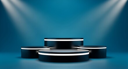 Photo of a modern black podium with white neon lights stands against a vibrant blue backdrop