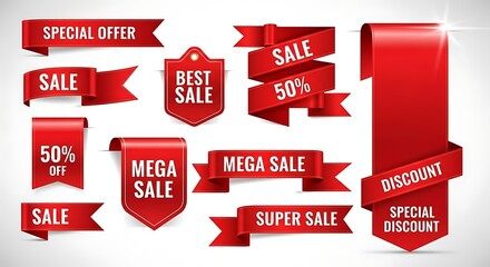 Photo of collection of red sale ribbons and tags isolated on white background for promotion