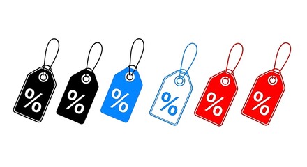 Photo of colorful price tags with percentage sign isolated on white background for sales promotion