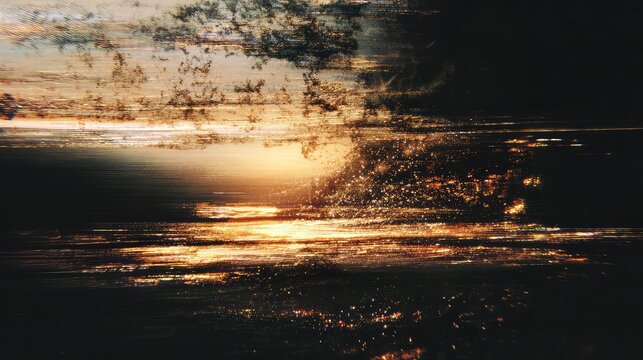 Digital glitch sunset over city lights with abstract distortion