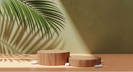 Photo of wooden podium showcase for product display with palm leaf and sunlight shadow