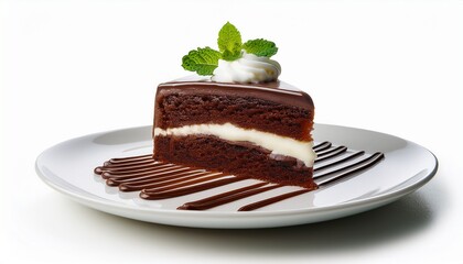 A Decadent Slice Of Rich Chocolate Cake With Creamy White Filling And Drizzled Chocolate Sauce Served With Whipped Cream And Mint Garnish Isolated On White Background