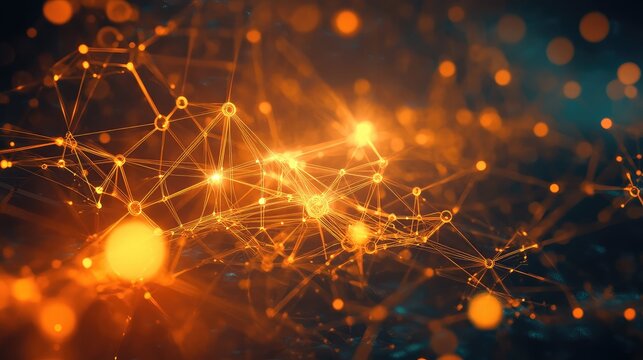 Glowing interconnected network nodes forming digital data connections