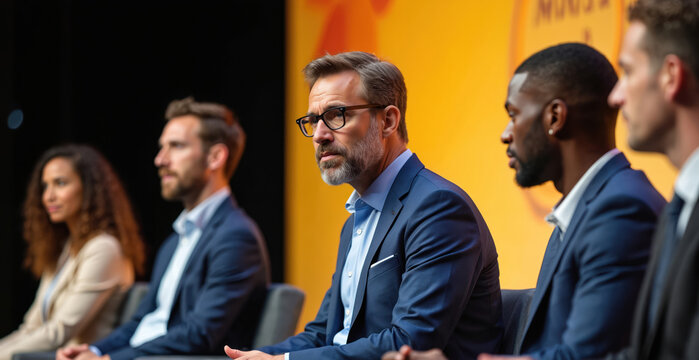 Diverse group of professionals sits on stage at a business conference panel. Speakers engage in discussion, sharing insights with an attentive audience during a corporate event.