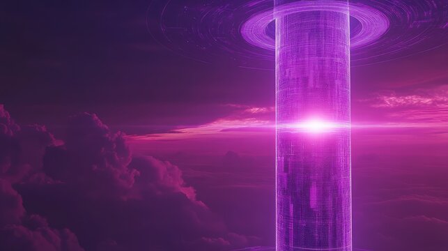 Futuristic data column transmitting digital information into clouds