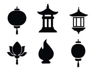 Chinese and east asian decorative lanterns and lotus flower icons