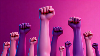 Banner with woman fists in fight. International Day for the Elimination of Violence against Women. November 25. Feminism. International Women's Day. Pink background. March 8.
