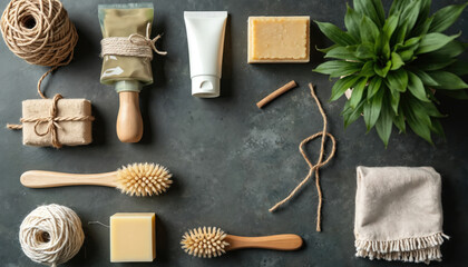 Natural beauty eco products flat lay. Zero waste bathroom items like wooden brushes, natural soaps, green plant, rope twine arranged. Organic body care, sustainable self care hygiene concept for