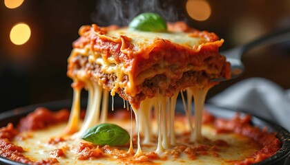 Hot steaming lasagna with melted cheese pull lifts from dish. Layers of pasta meat sauce and cheese ooze with delicious gooeyness. Basil leaf garnishes serve dish.