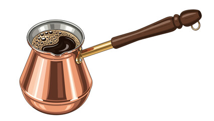 Copper Turkish coffee pot with bubbling coffee and wooden handle