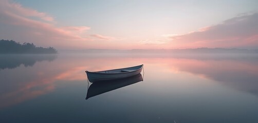 Empty boat floats on still lake water at misty dawn. Soft pink purple sky, clouds reflect perfectly on surface. Calm autumn morning, serene nature landscape with distant forest line, thick fog.