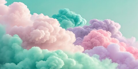 Pastel clouds in shades of pink, purple, and teal against a light blue sky creating a dreamlike scene