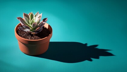 A Single Succulent Plant In A Terracotta Pot Casting A Shadow On A Teal Background